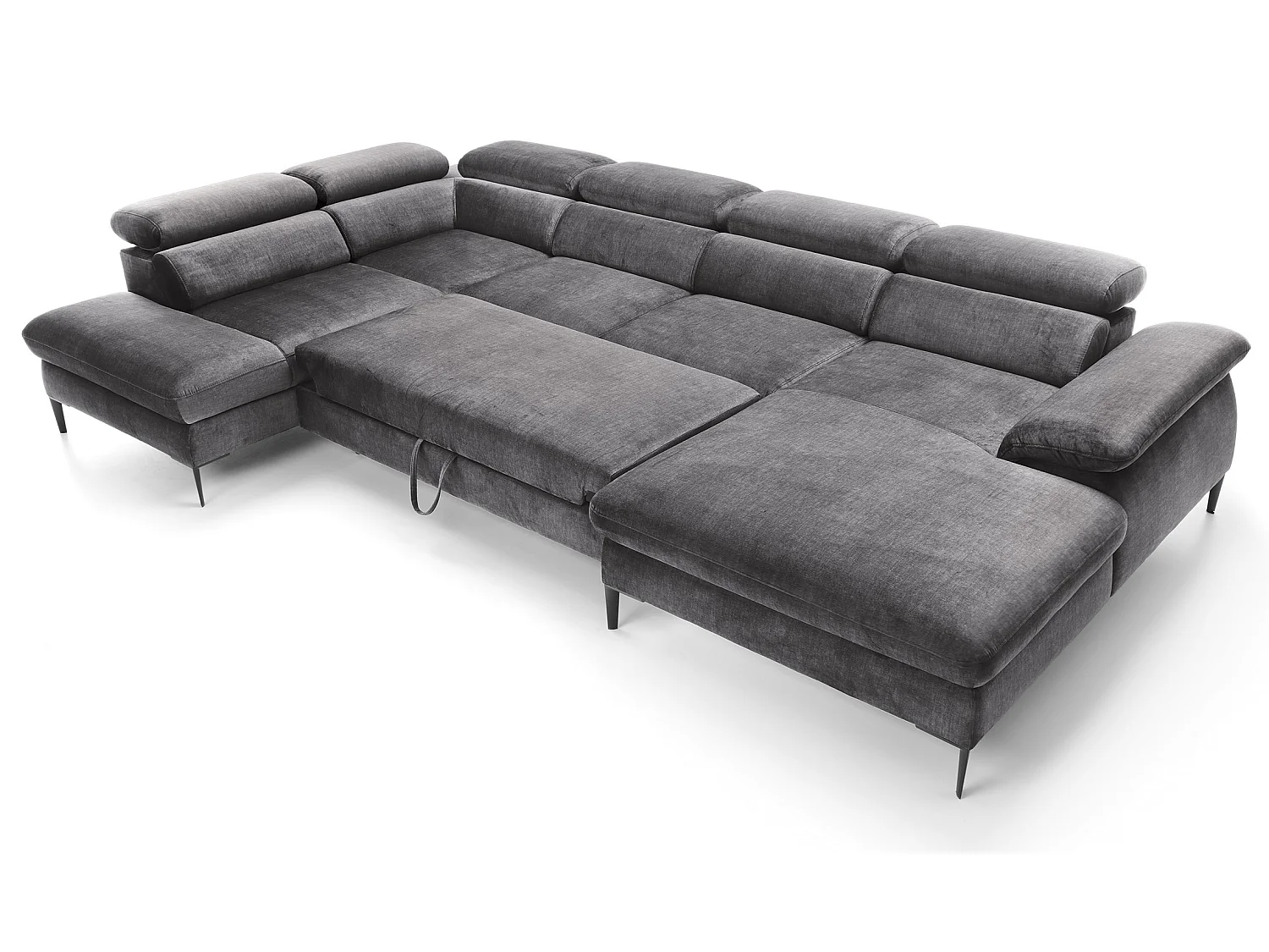 Canapé d'angle en U convertible 350 cm Amaro, tissu velours, têtières réglables - coffre, droite, Gris