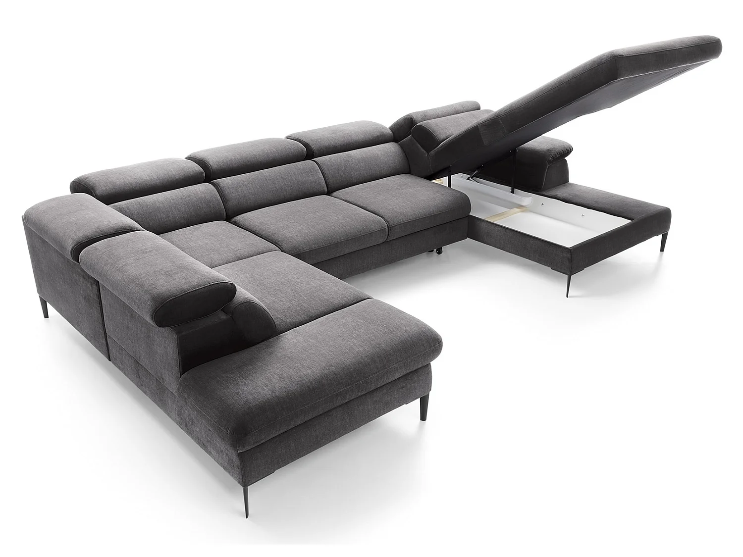 Canapé d'angle en U convertible 350 cm Amaro, tissu velours, têtières réglables - coffre, droite, Gris