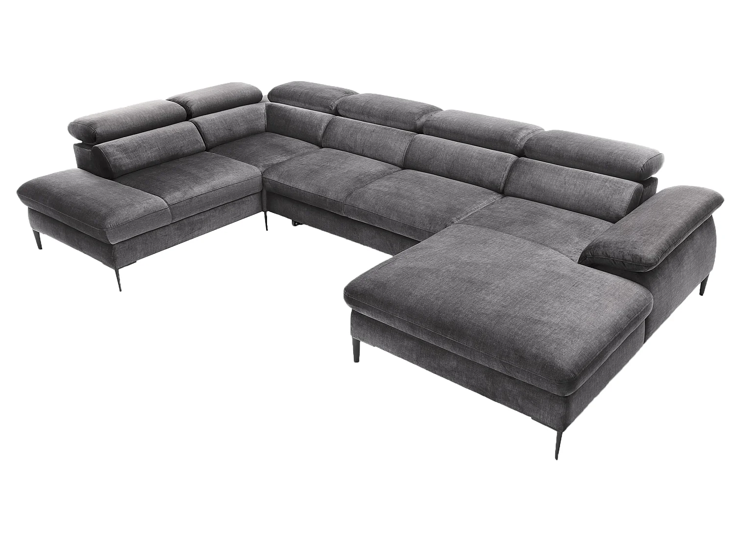 Canapé d'angle en U convertible 350 cm Amaro, tissu velours, têtières réglables - coffre, droite, Gris