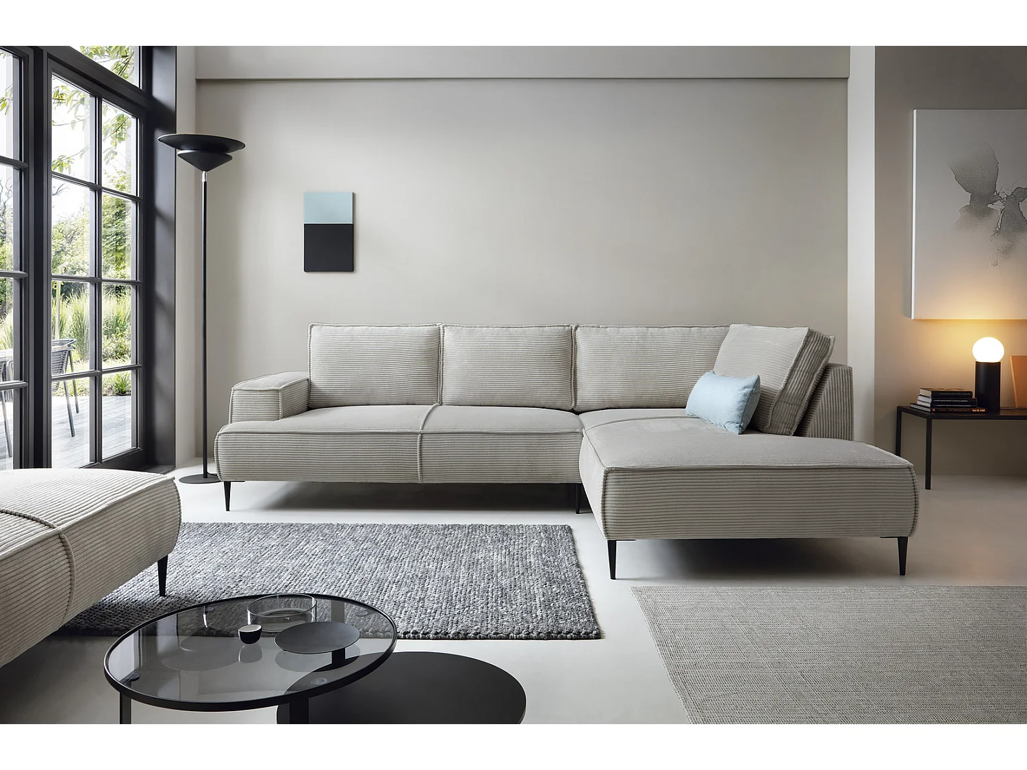 Hoekbank ribfluweel 275 cm Harmonia, moderne stijl, poten, slaapfunctie en opbergruimte, rechts, Lichtgrijs