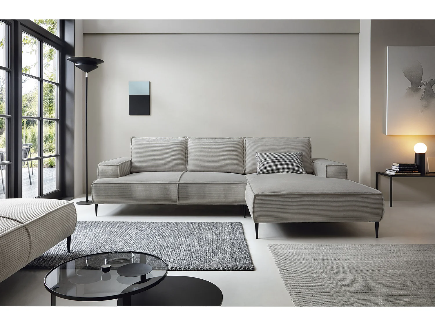 Canapé d'angle fixe 275 cm Harmonia M, tissu en velours côtelé, style moderne, sur pieds, droite, Gris clair