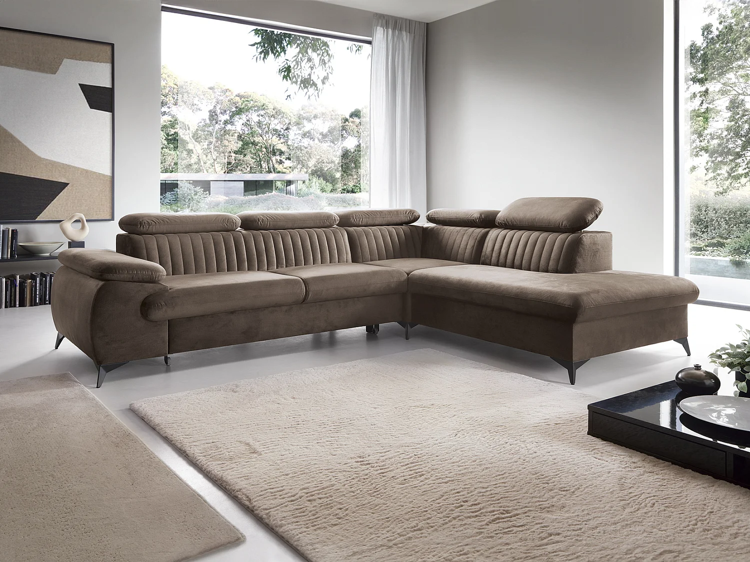 Hoekbank 275x221 cm Xanto L, verstelbare hoofdsteunen, slaapfunctie en opbergruimte, rechts, Bruin