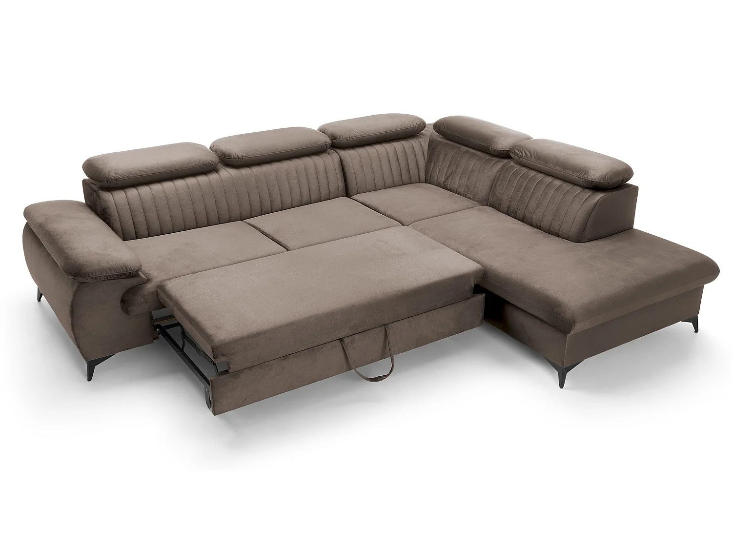 Hoekbank 275x221 cm Xanto L, verstelbare hoofdsteunen, slaapfunctie en opbergruimte, rechts, Bruin