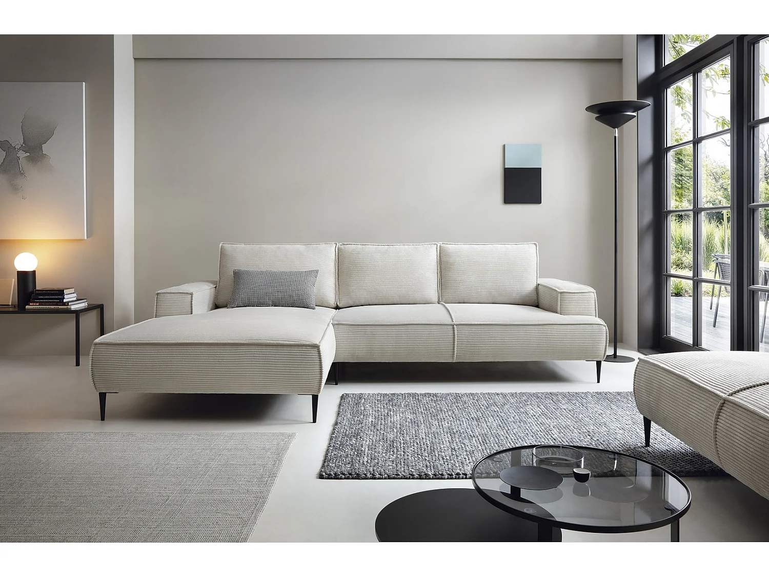 Canapé d'angle fixe 275 cm Harmonia M, tissu en velours côtelé, style moderne, sur pieds, gauche, Vanille