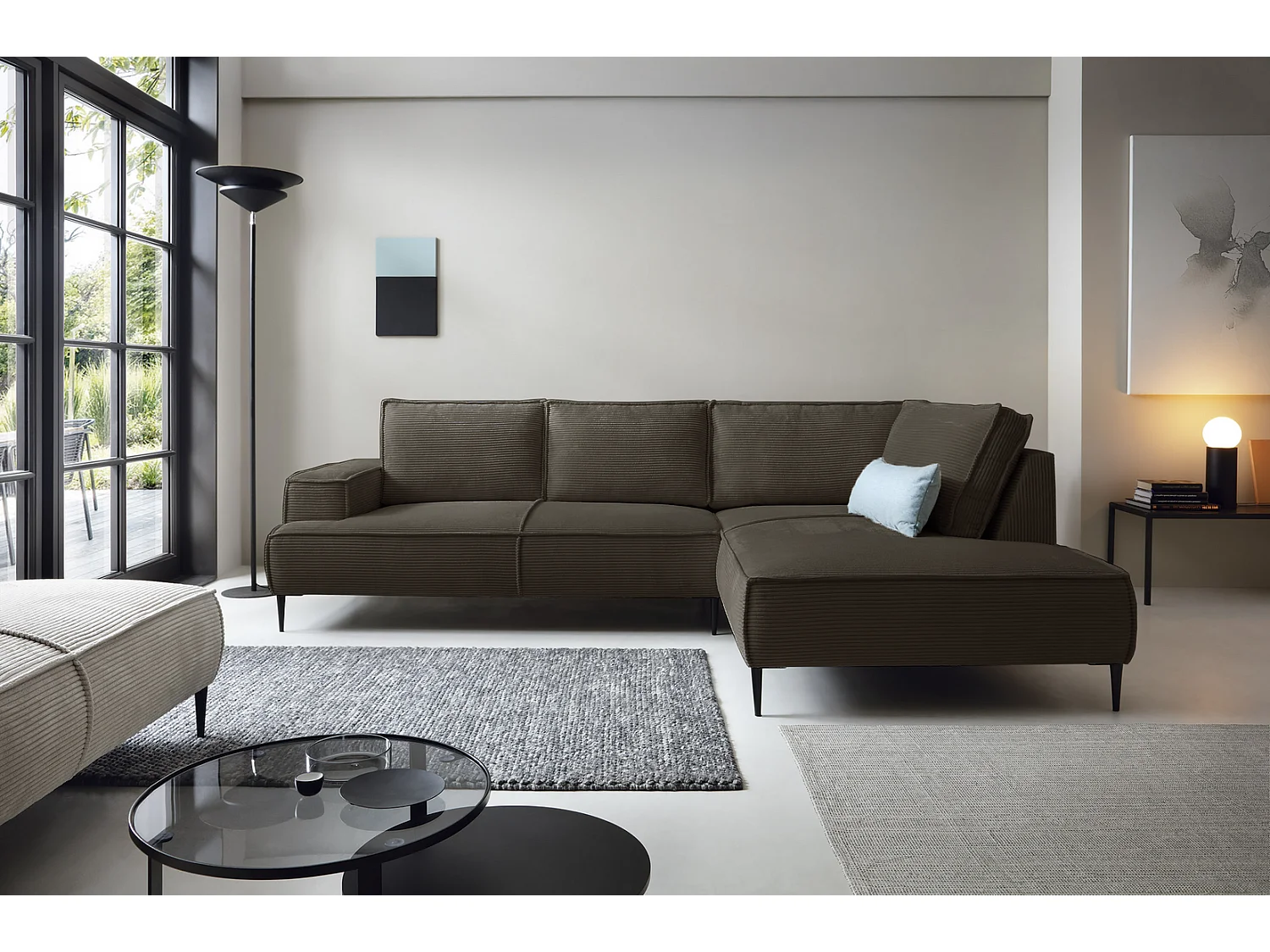Hoekbank ribfluweel 275 cm Harmonia, moderne stijl, poten, slaapfunctie en opbergruimte, rechts, Bruin