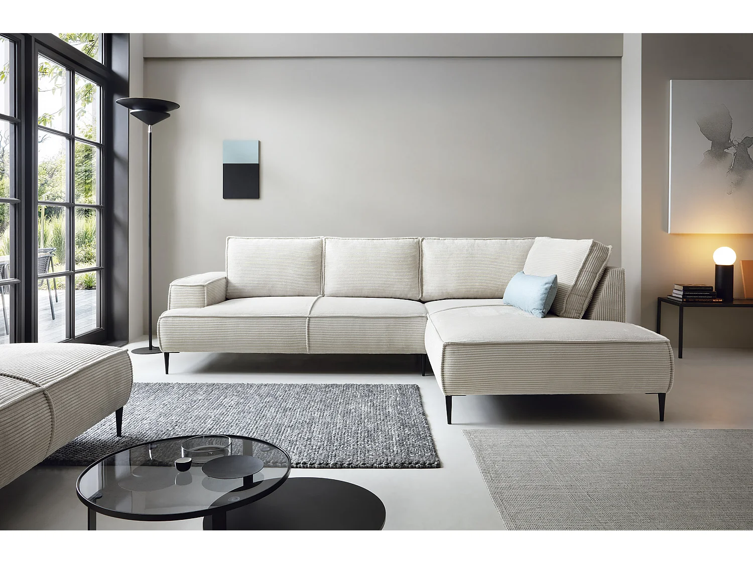 Hoekbank ribfluweel 275 cm Harmonia, moderne stijl, poten, slaapfunctie en opbergruimte, rechts, Ecru