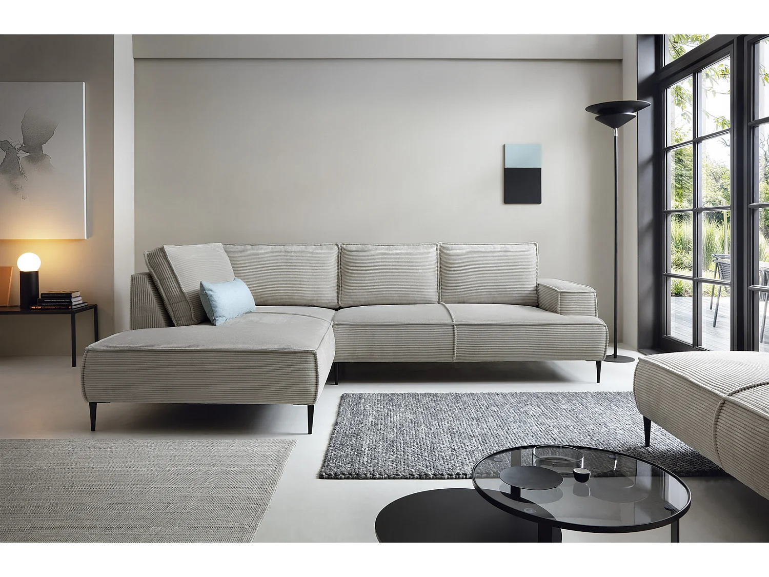 Hoekbank ribfluweel 275 cm Harmonia, moderne stijl, poten, slaapfunctie en opbergruimte, links, Lichtgrijs