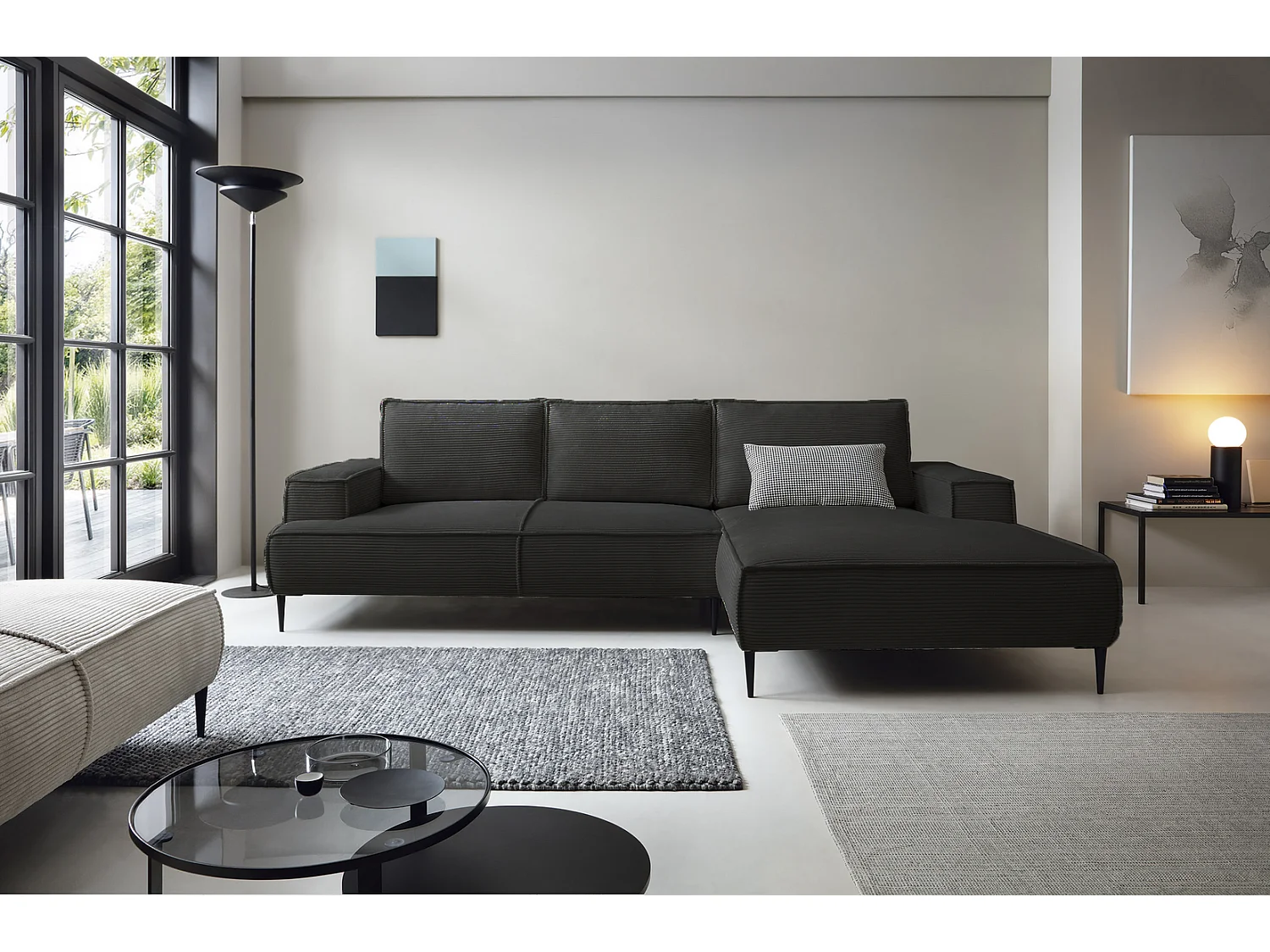 Canapé d'angle fixe 275 cm Harmonia M, tissu en velours côtelé, style moderne, sur pieds, droite, Gris foncé