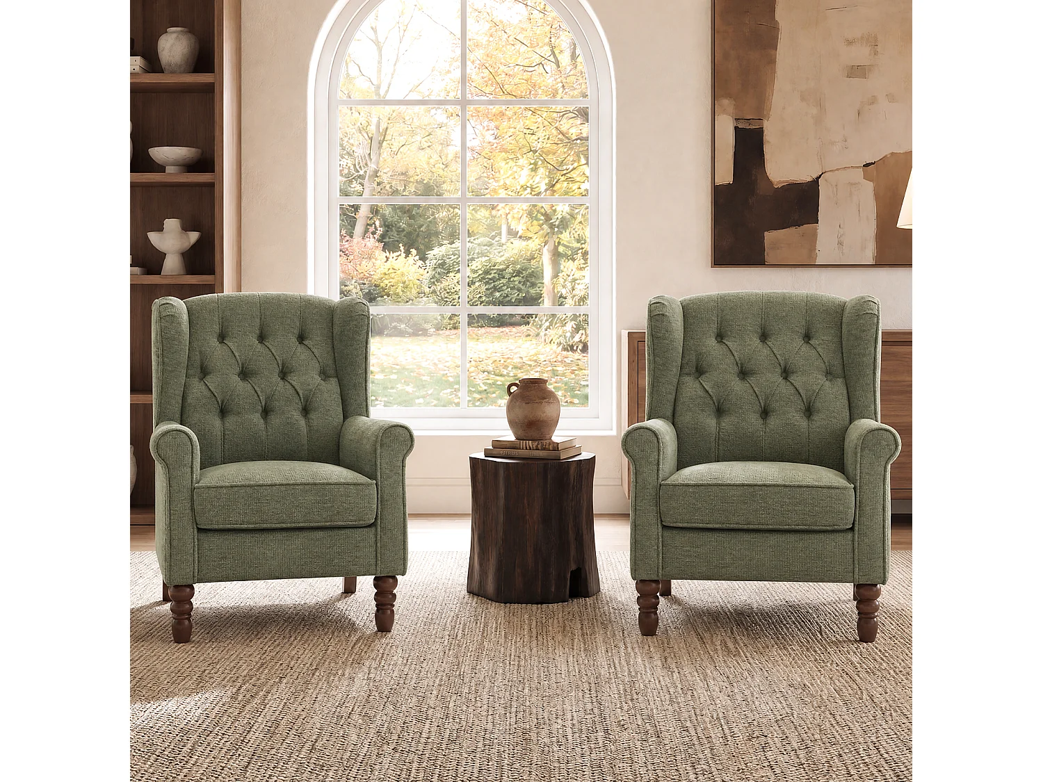 Green Fabric Armchair with Armrests, British Vintage Style Accent Chair with Solid Wood Frame