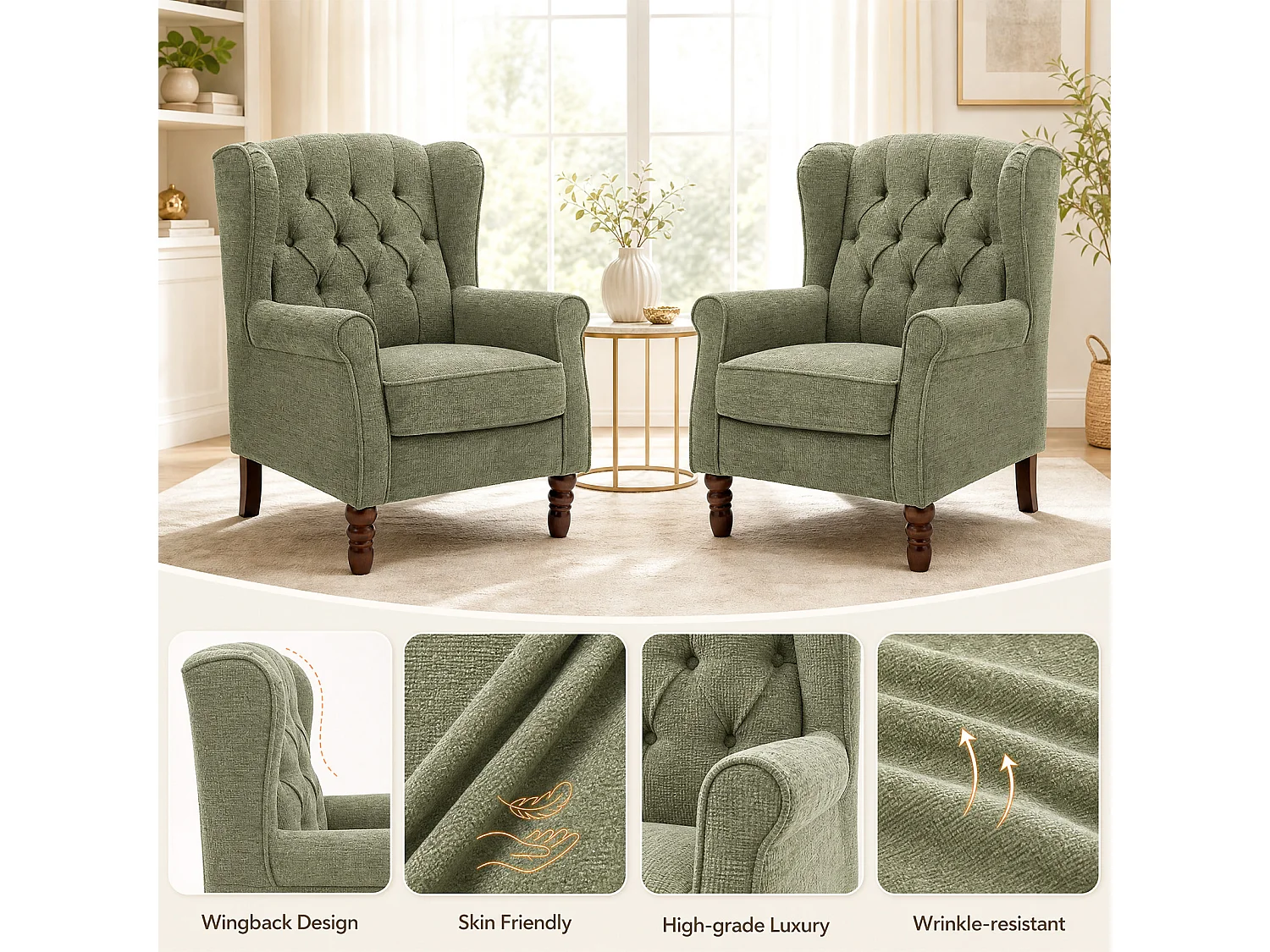 Green Fabric Armchair with Armrests, British Vintage Style Accent Chair with Solid Wood Frame