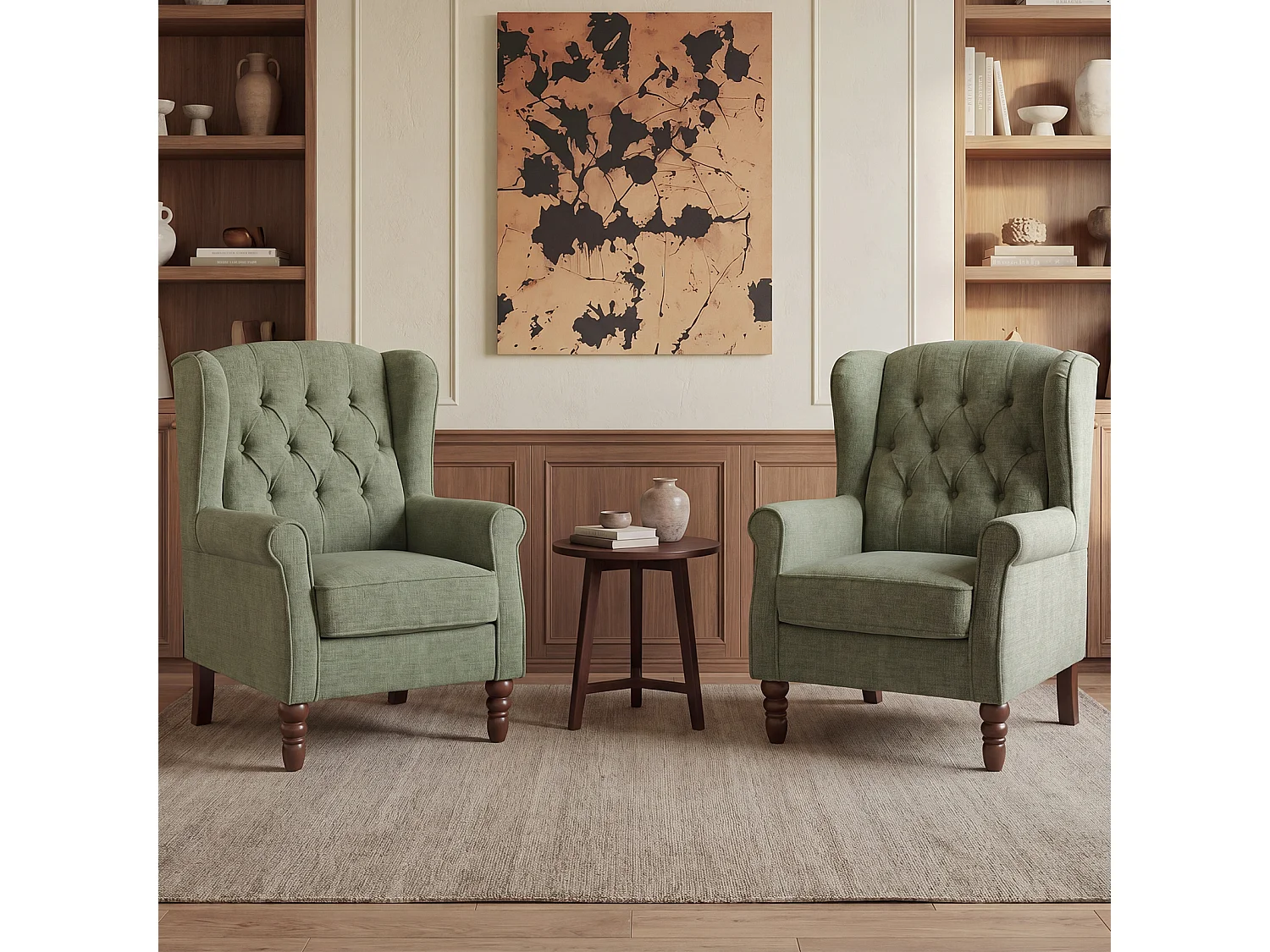 Green Fabric Armchair with Armrests, British Vintage Style Accent Chair with Solid Wood Frame