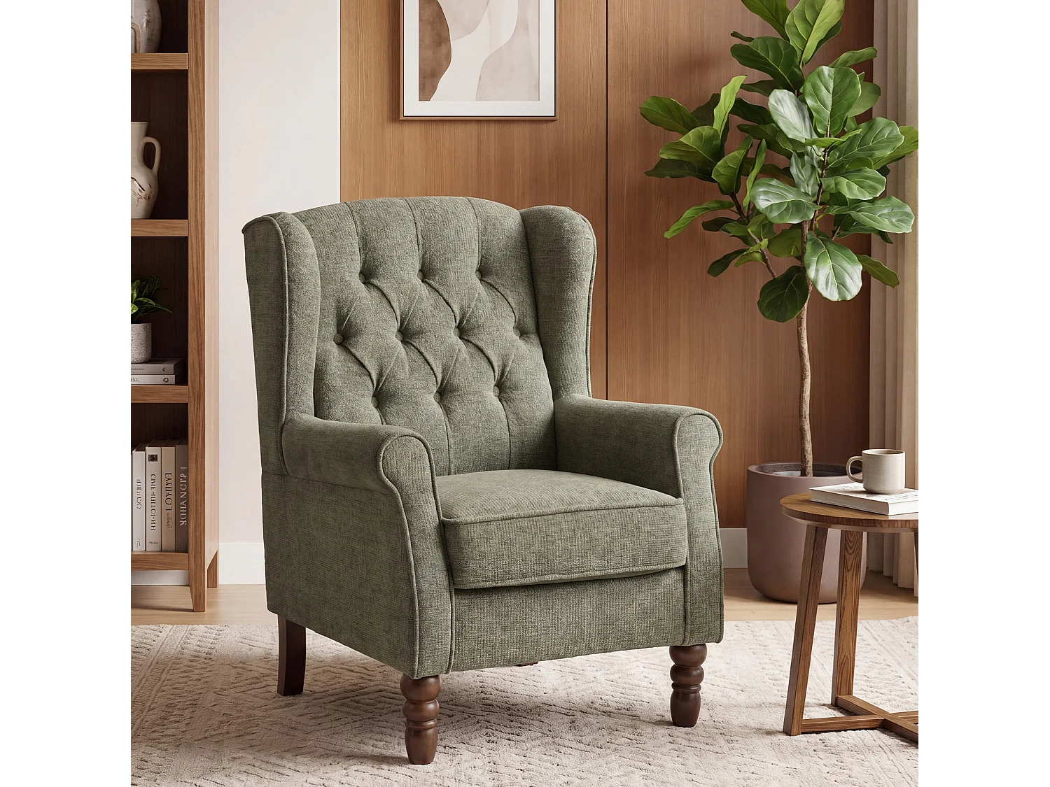 Green Fabric Armchair with Armrests, British Vintage Style Accent Chair with Solid Wood Frame