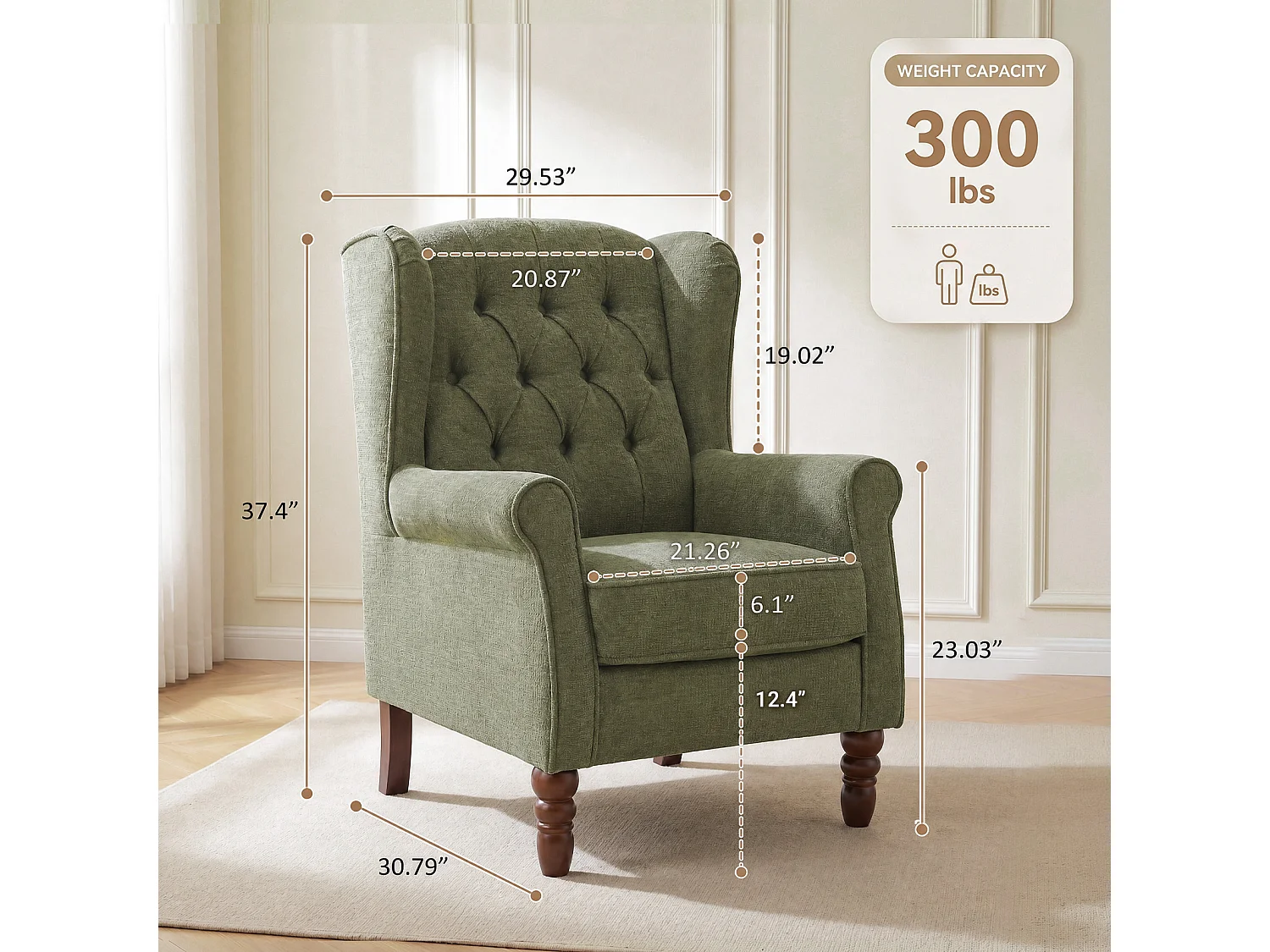 Green Fabric Armchair with Armrests, British Vintage Style Accent Chair with Solid Wood Frame