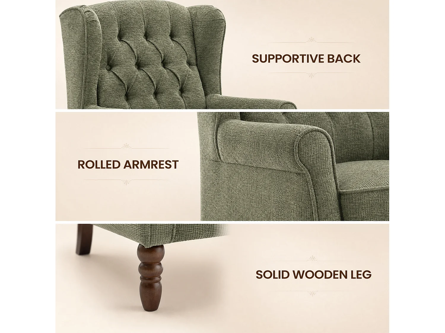 Green Fabric Armchair with Armrests, British Vintage Style Accent Chair with Solid Wood Frame