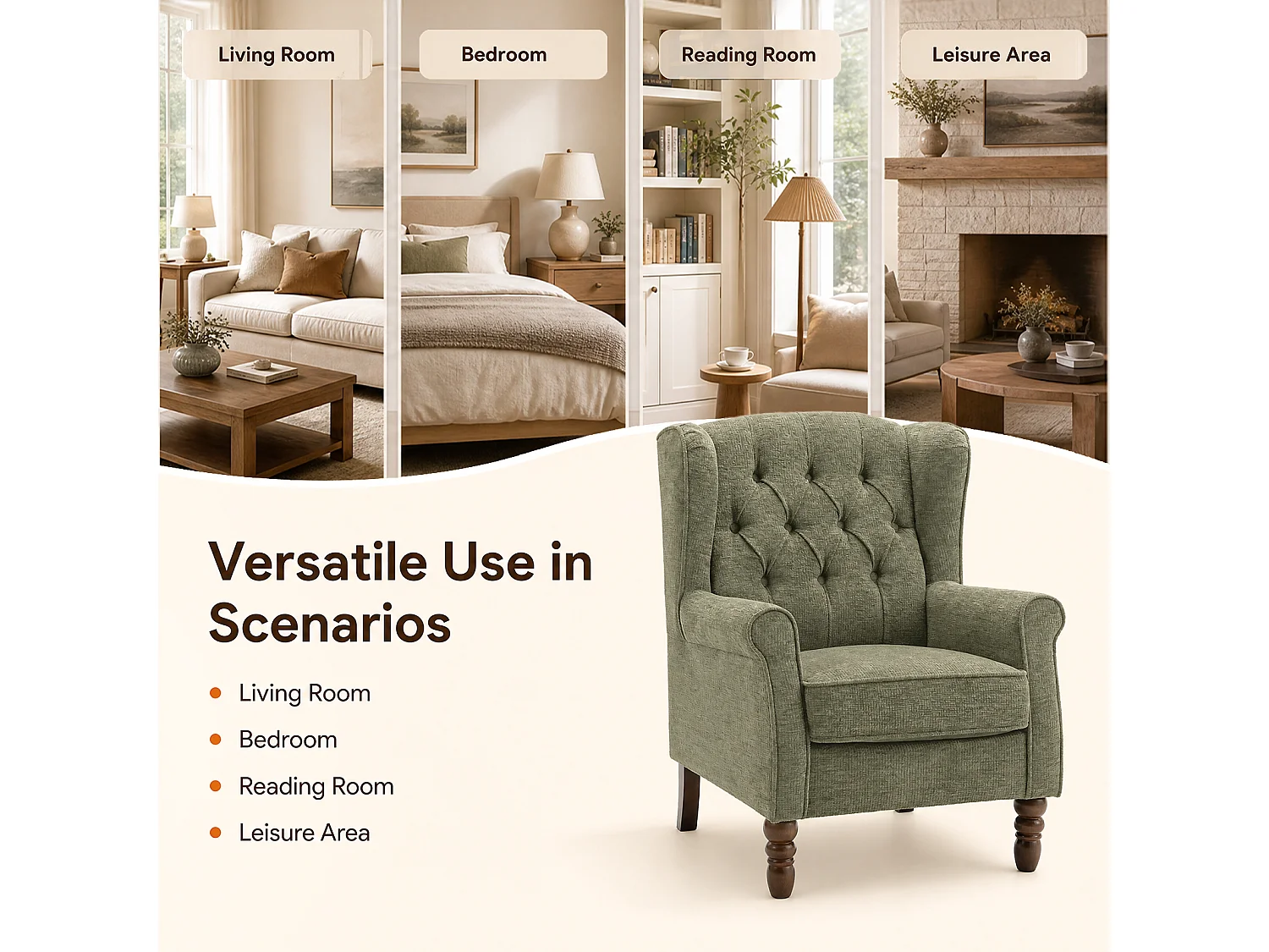 Green Fabric Armchair with Armrests, British Vintage Style Accent Chair with Solid Wood Frame
