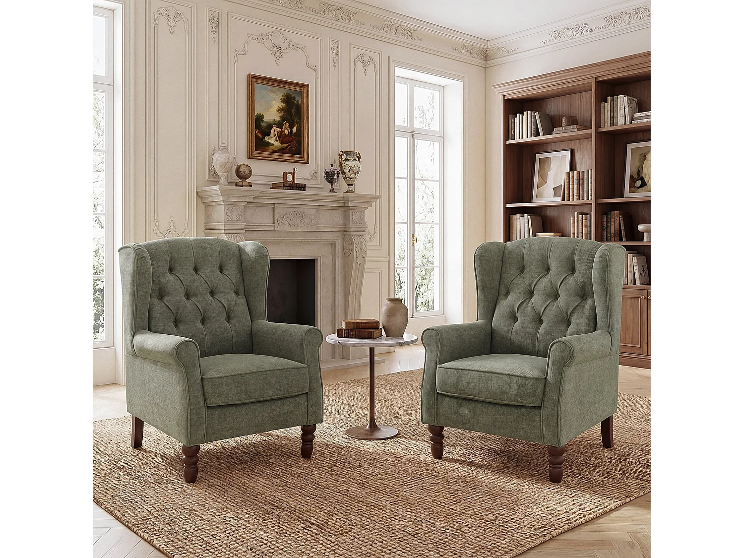 Green Fabric Armchair with Armrests, British Vintage Style Accent Chair with Solid Wood Frame