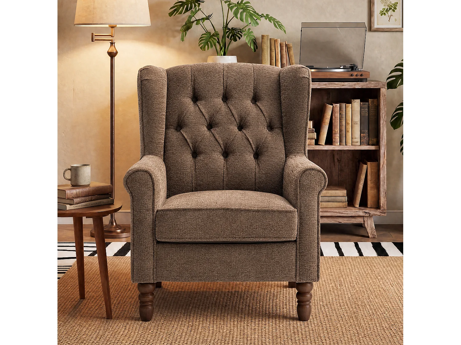 Brown Fabric Armchair with Armrests, British Vintage Style Accent Chair with Solid Wood Frame