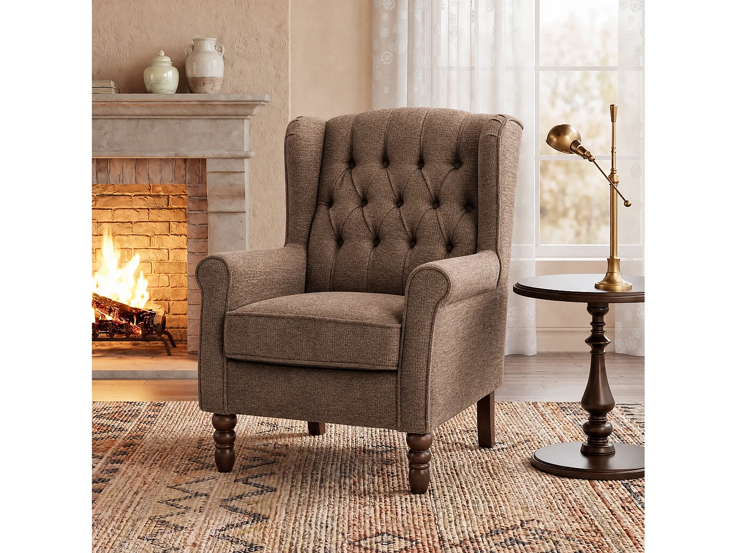 Brown Fabric Armchair with Armrests, British Vintage Style Accent Chair with Solid Wood Frame