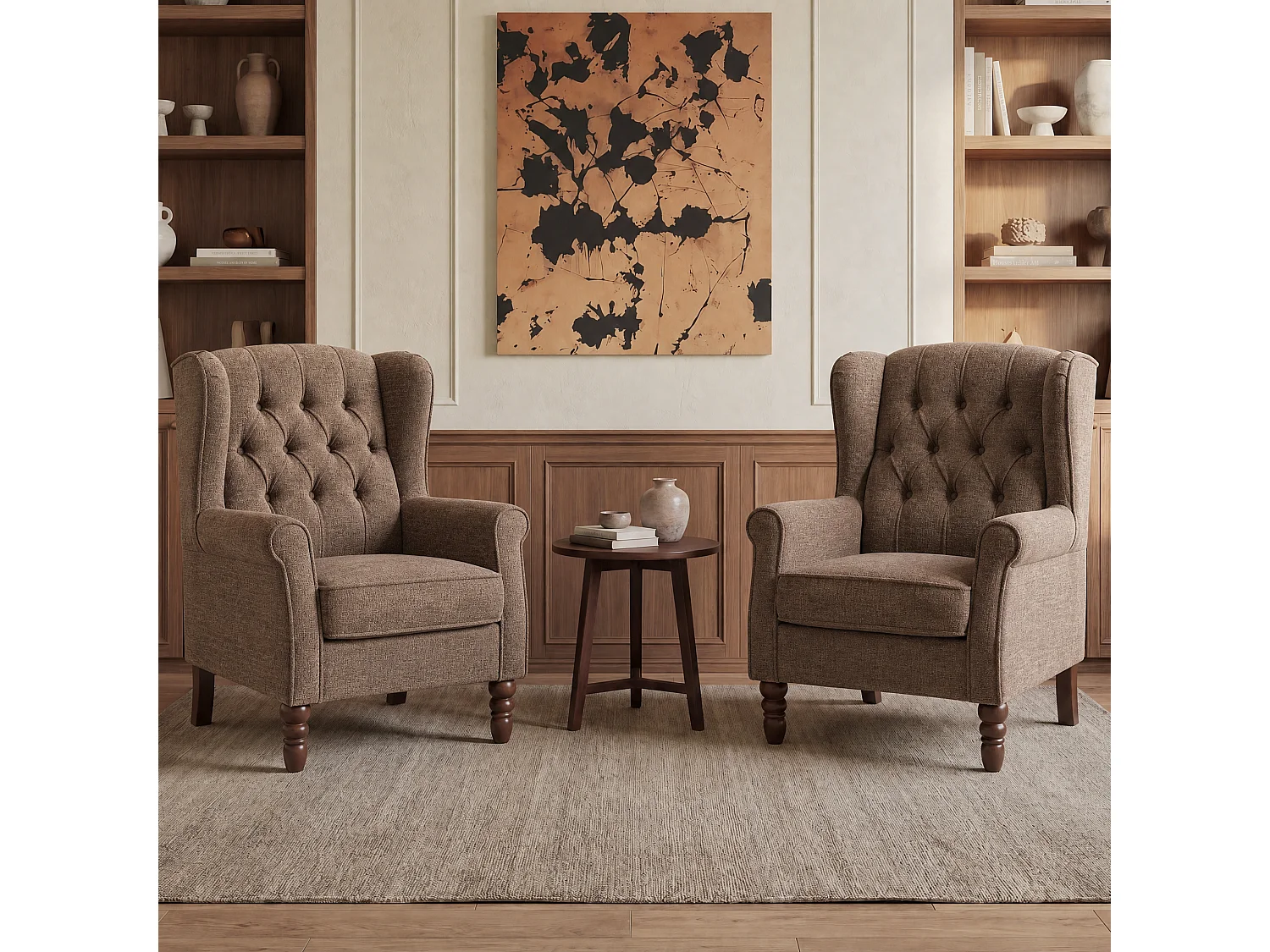 Brown Fabric Armchair with Armrests, British Vintage Style Accent Chair with Solid Wood Frame