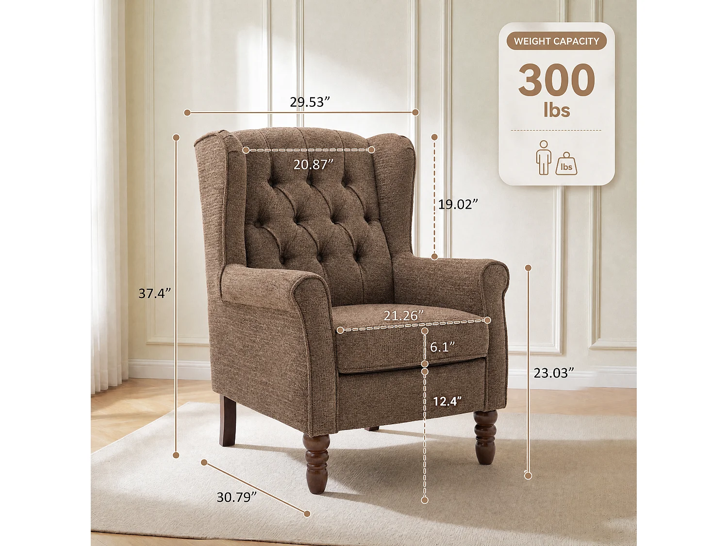 Brown Fabric Armchair with Armrests, British Vintage Style Accent Chair with Solid Wood Frame