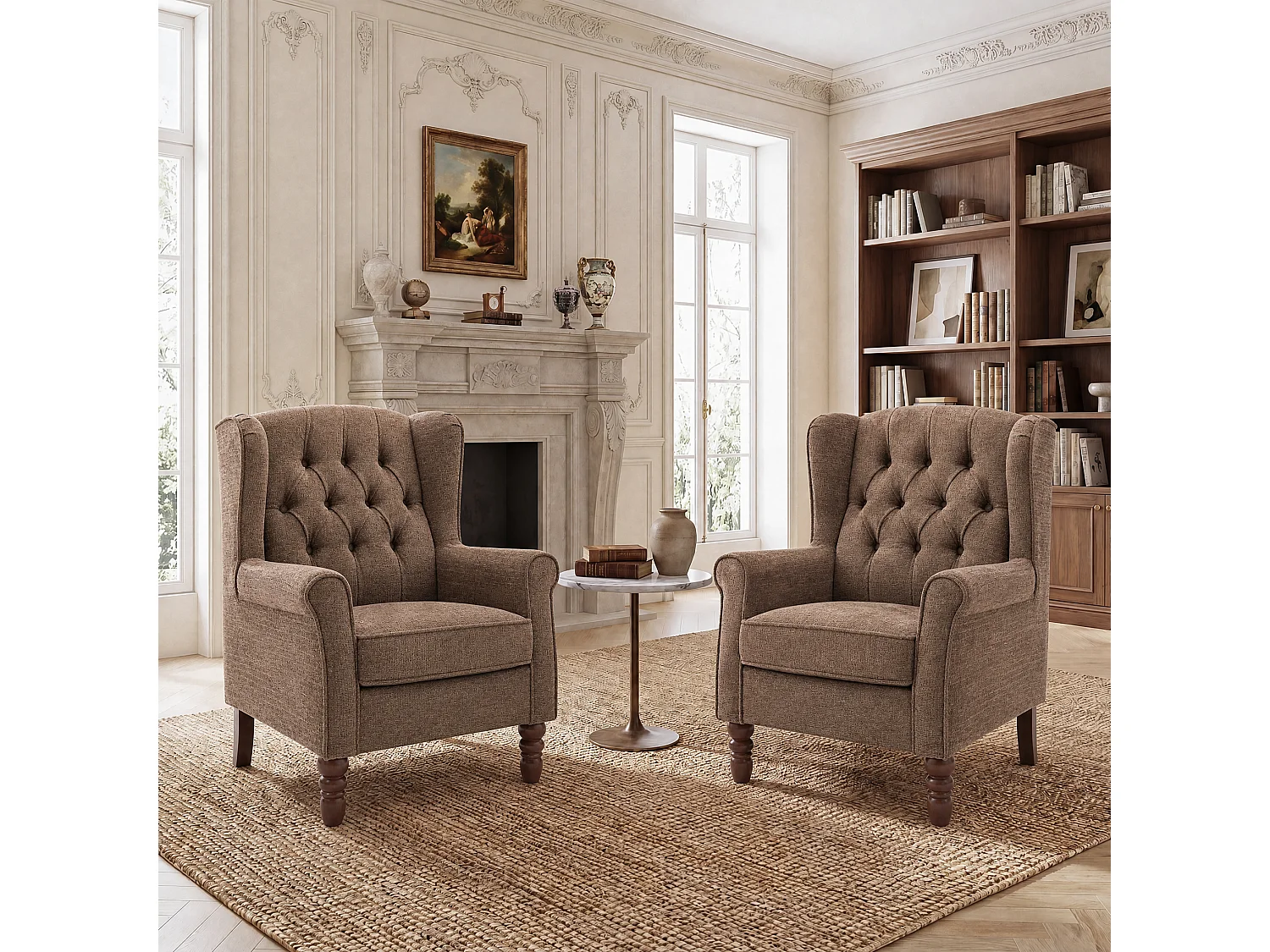 Brown Fabric Armchair with Armrests, British Vintage Style Accent Chair with Solid Wood Frame