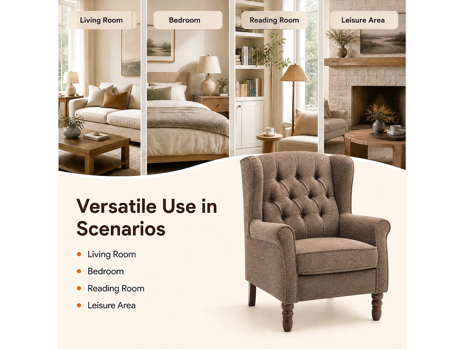 Brown Fabric Armchair with Armrests, British Vintage Style Accent Chair with Solid Wood Frame