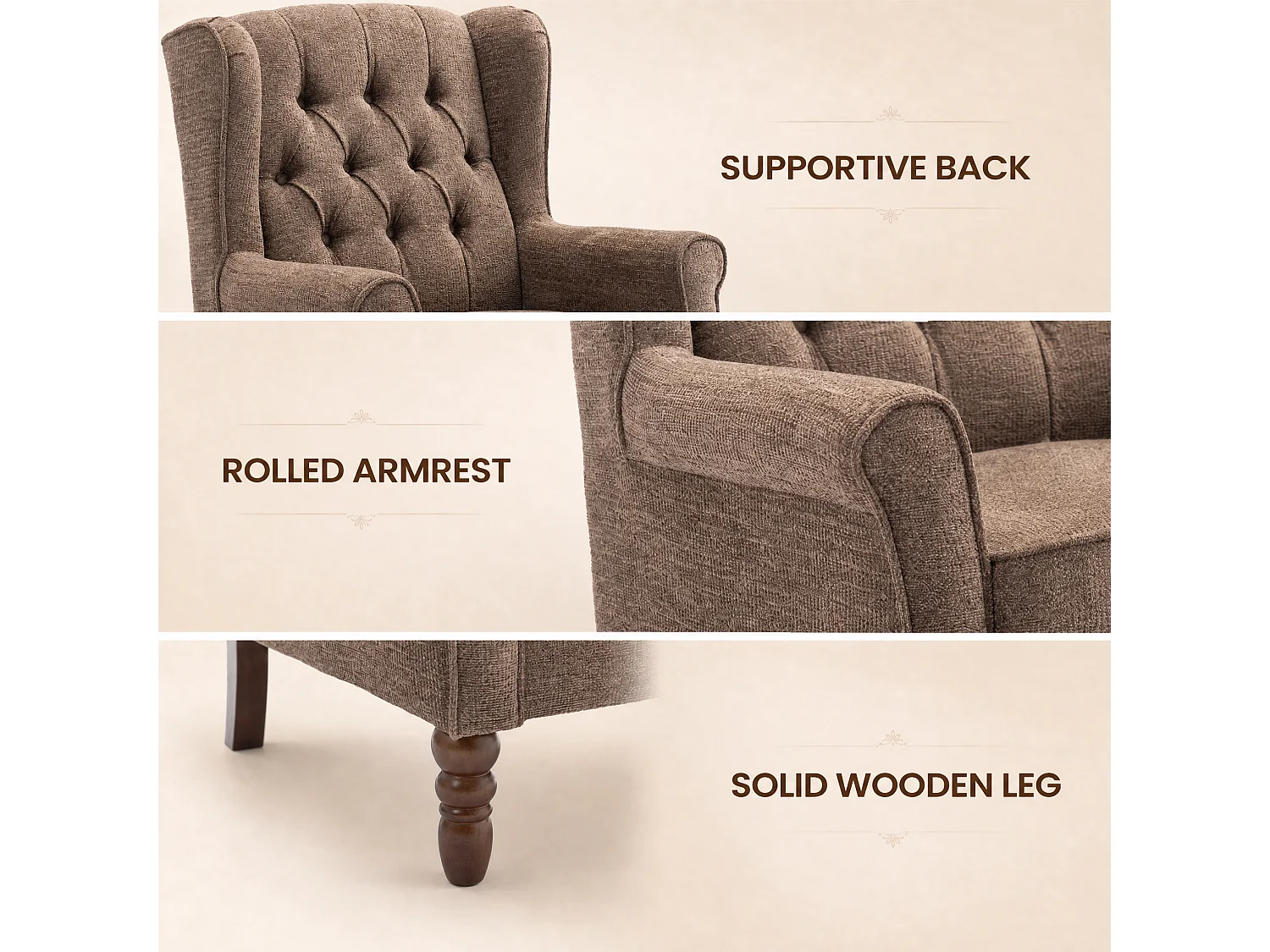 Brown Fabric Armchair with Armrests, British Vintage Style Accent Chair with Solid Wood Frame