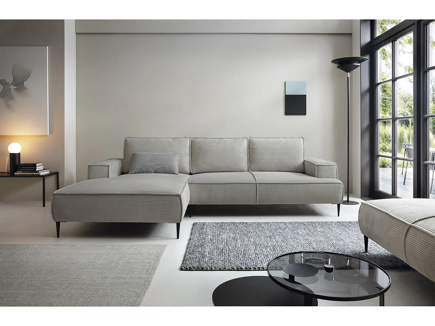 Canapé d'angle fixe 275 cm Harmonia M, tissu en velours côtelé, style moderne, sur pieds, gauche, Gris clair