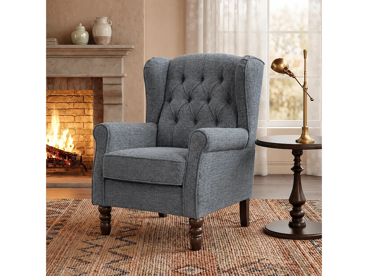 Dark Blue Fabric Armchair with Armrests, British Vintage Style Accent Chair with Solid Wood Frame