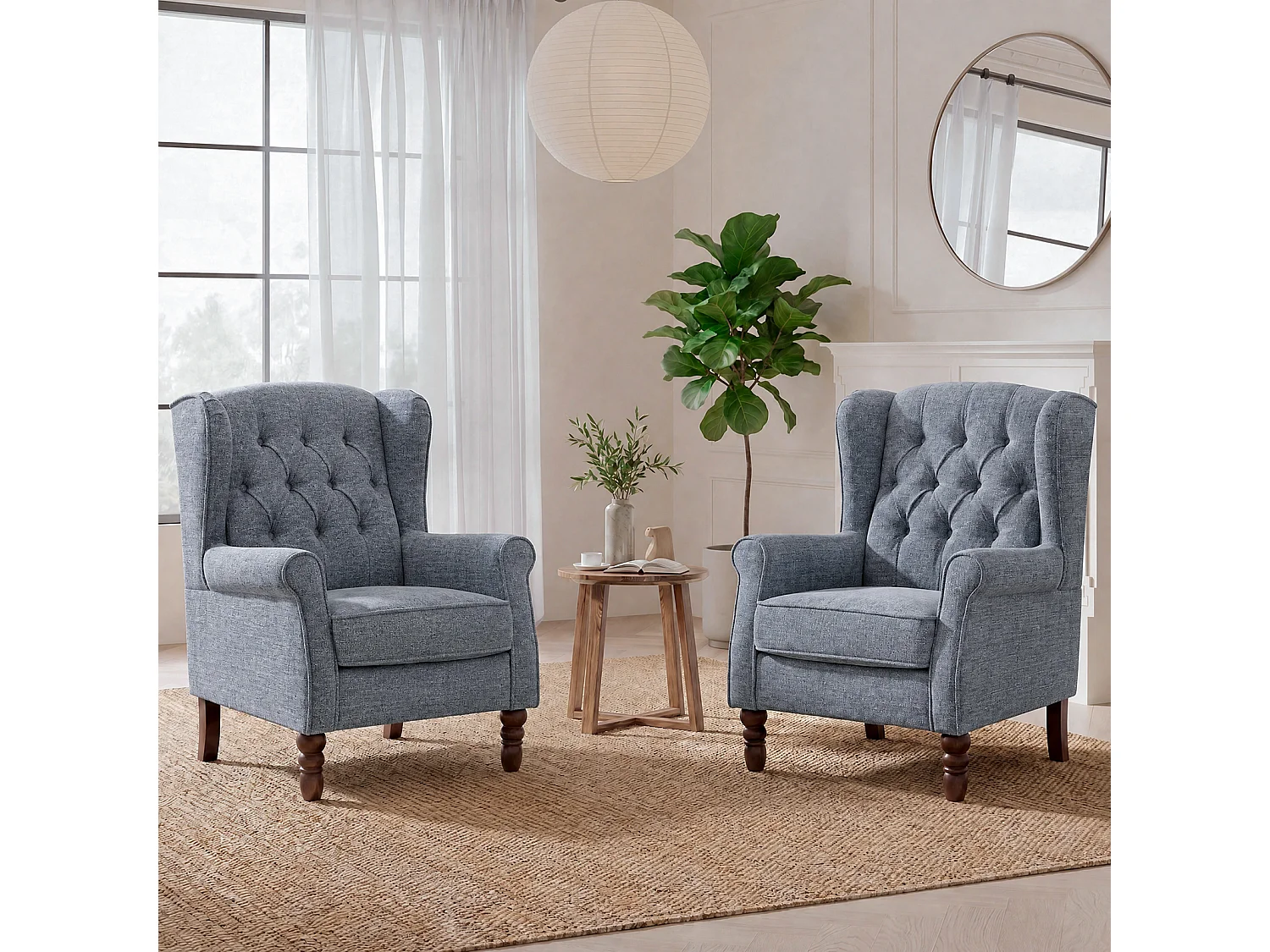 Dark Blue Fabric Armchair with Armrests, British Vintage Style Accent Chair with Solid Wood Frame