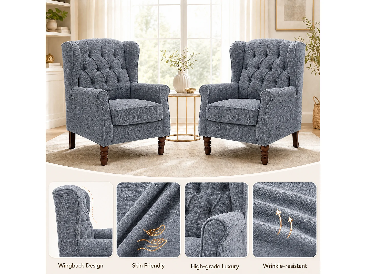 Dark Blue Fabric Armchair with Armrests, British Vintage Style Accent Chair with Solid Wood Frame