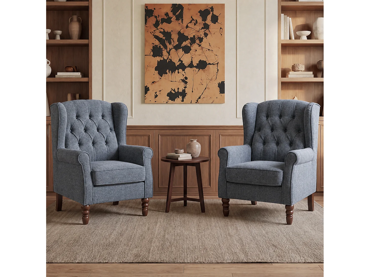 Dark Blue Fabric Armchair with Armrests, British Vintage Style Accent Chair with Solid Wood Frame