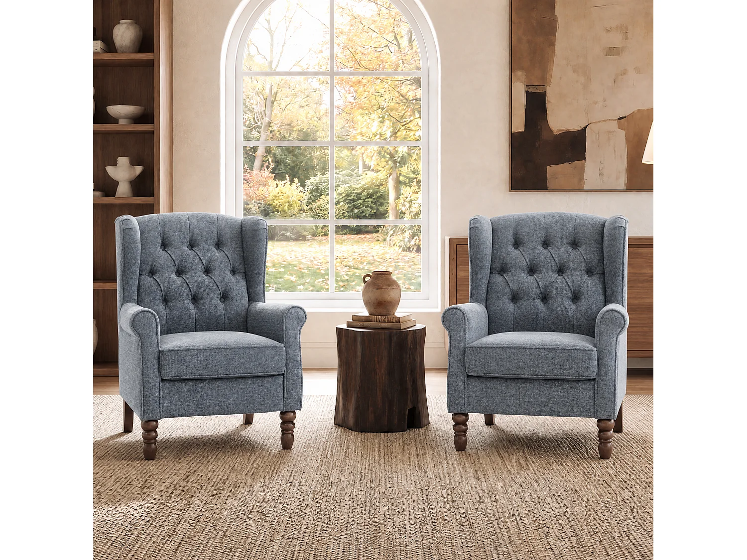 Dark Blue Fabric Armchair with Armrests, British Vintage Style Accent Chair with Solid Wood Frame