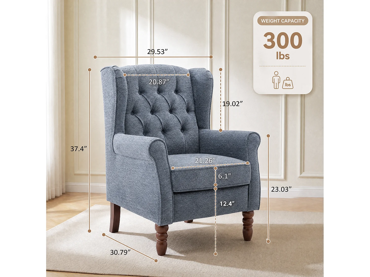 Dark Blue Fabric Armchair with Armrests, British Vintage Style Accent Chair with Solid Wood Frame