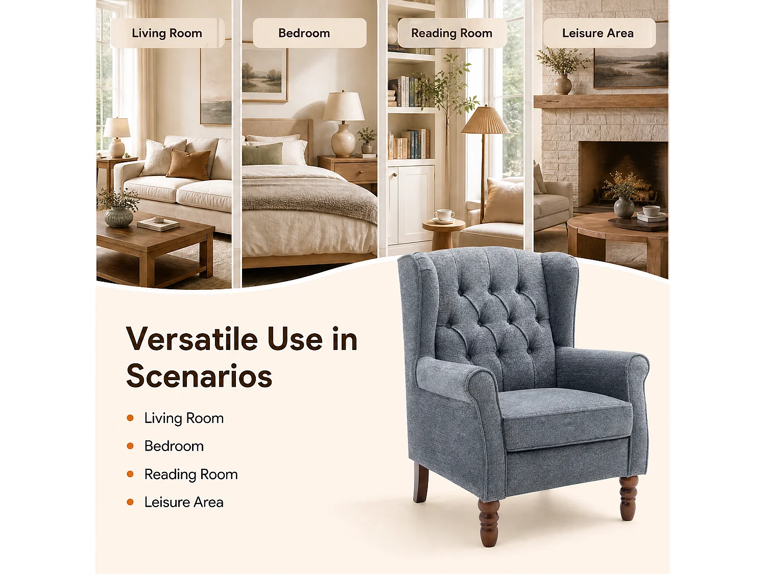 Dark Blue Fabric Armchair with Armrests, British Vintage Style Accent Chair with Solid Wood Frame