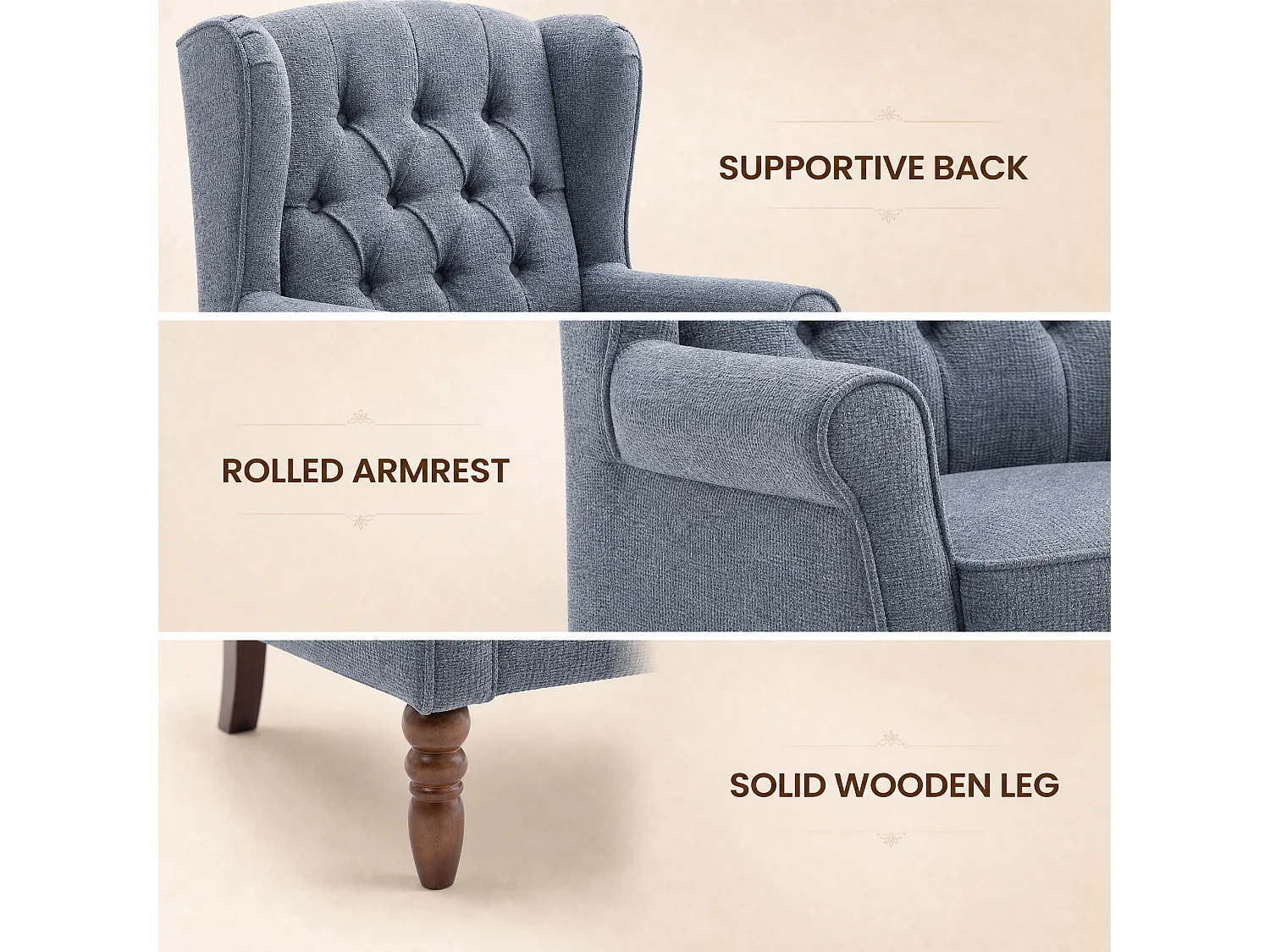 Dark Blue Fabric Armchair with Armrests, British Vintage Style Accent Chair with Solid Wood Frame