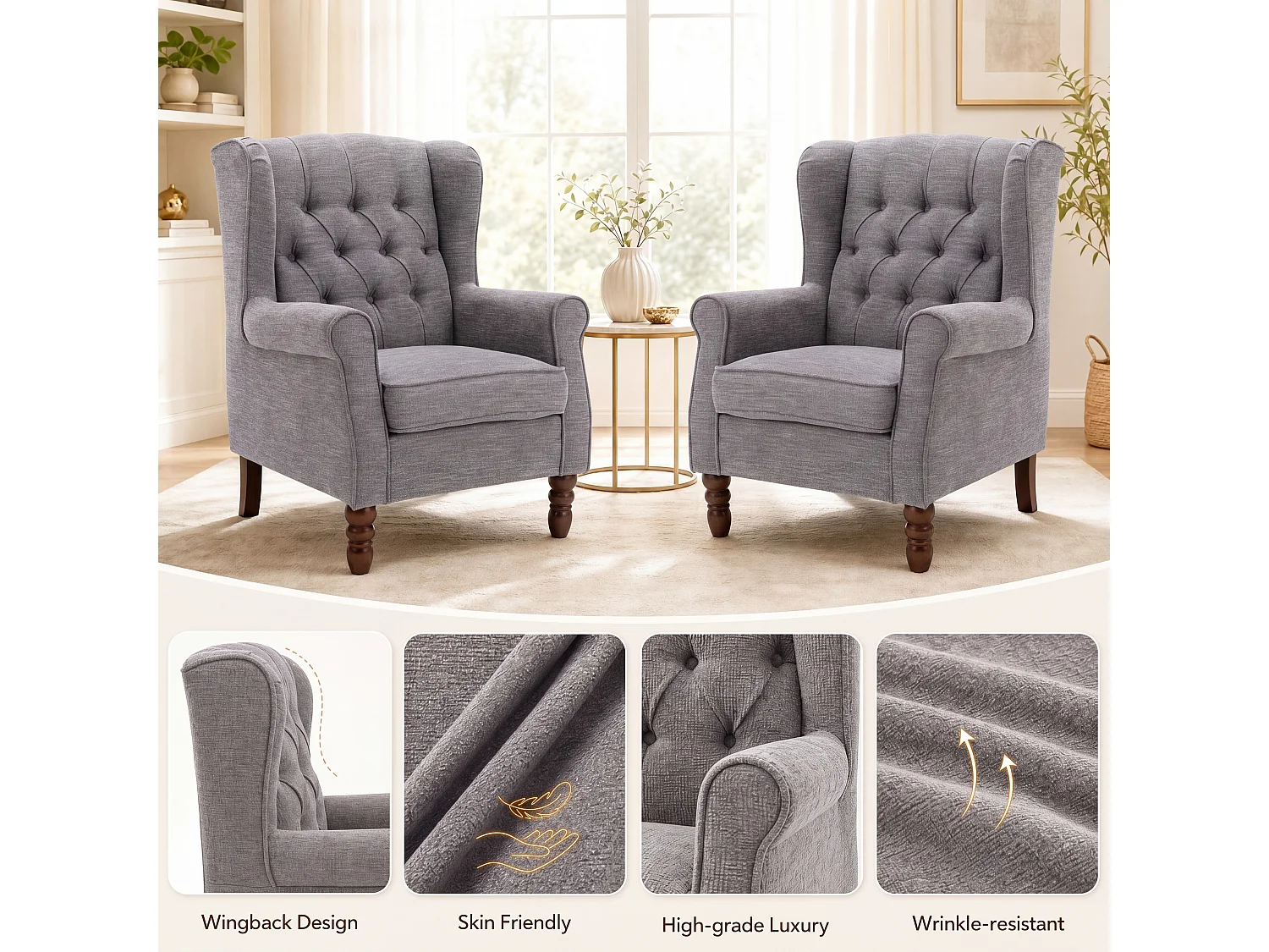 Grey Fabric Armchair with Armrests, British Vintage Style Accent Chair with Solid Wood Frame