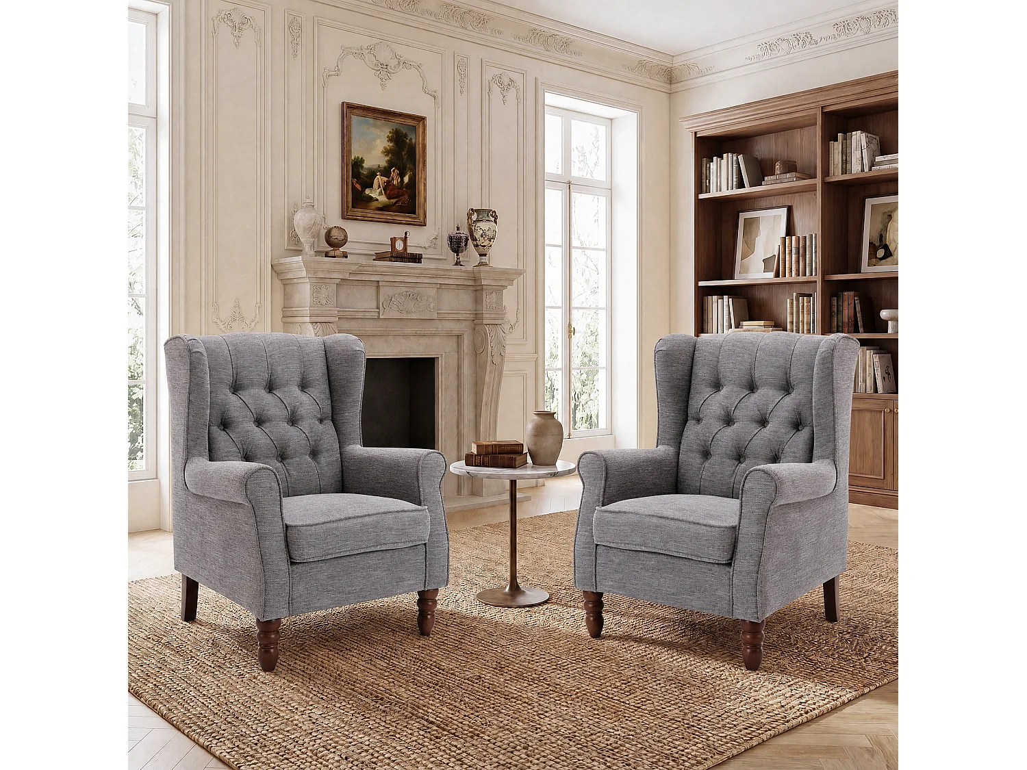 Grey Fabric Armchair with Armrests, British Vintage Style Accent Chair with Solid Wood Frame
