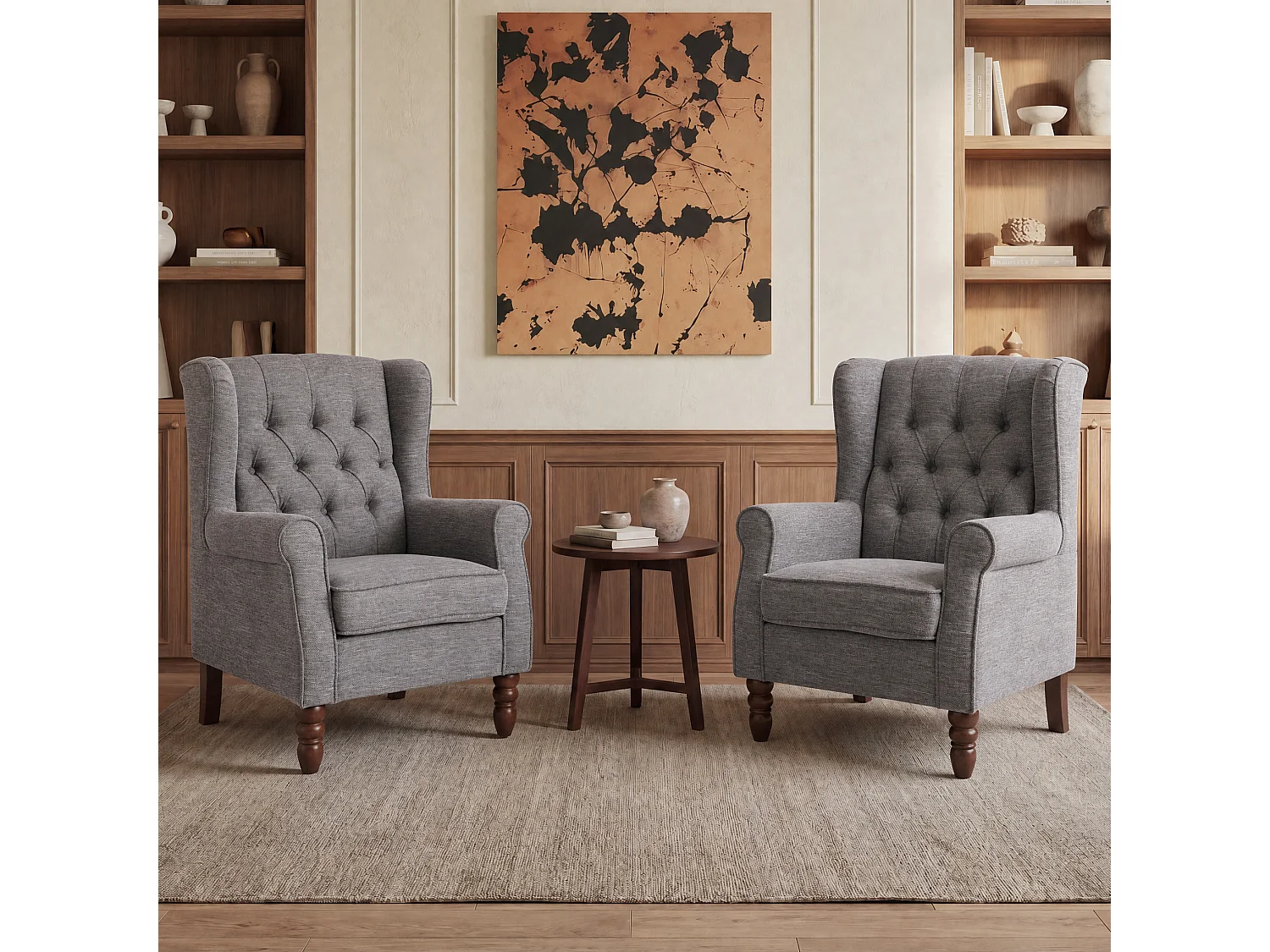 Grey Fabric Armchair with Armrests, British Vintage Style Accent Chair with Solid Wood Frame