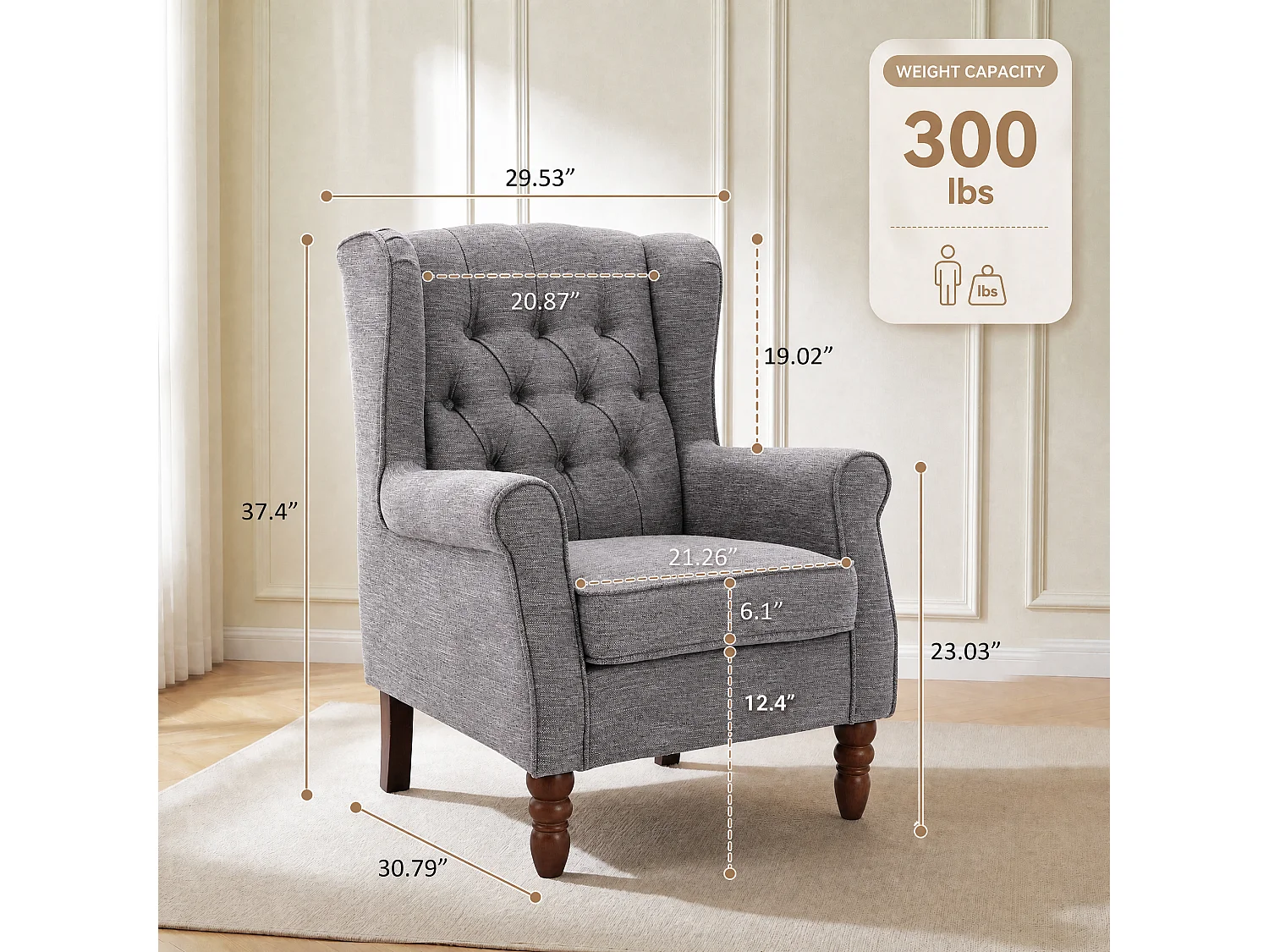 Grey Fabric Armchair with Armrests, British Vintage Style Accent Chair with Solid Wood Frame