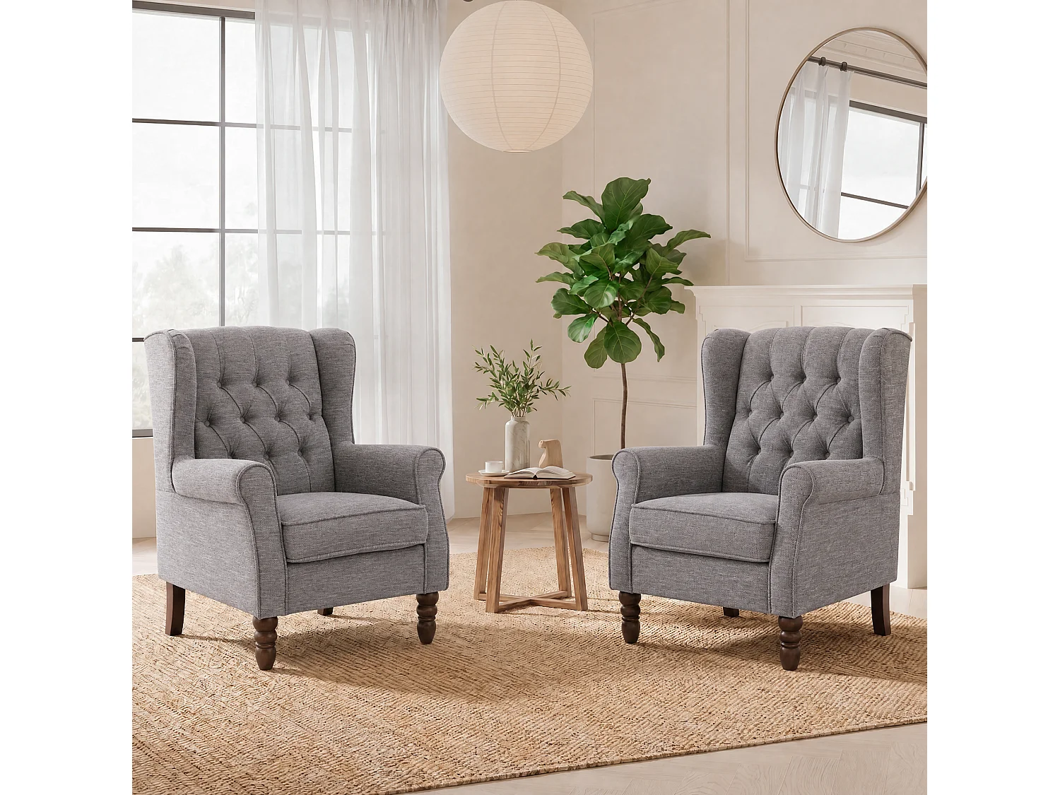 Grey Fabric Armchair with Armrests, British Vintage Style Accent Chair with Solid Wood Frame