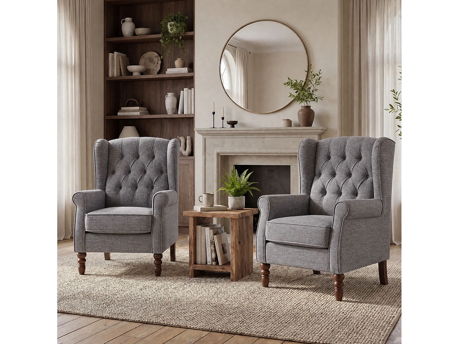Grey Fabric Armchair with Armrests, British Vintage Style Accent Chair with Solid Wood Frame