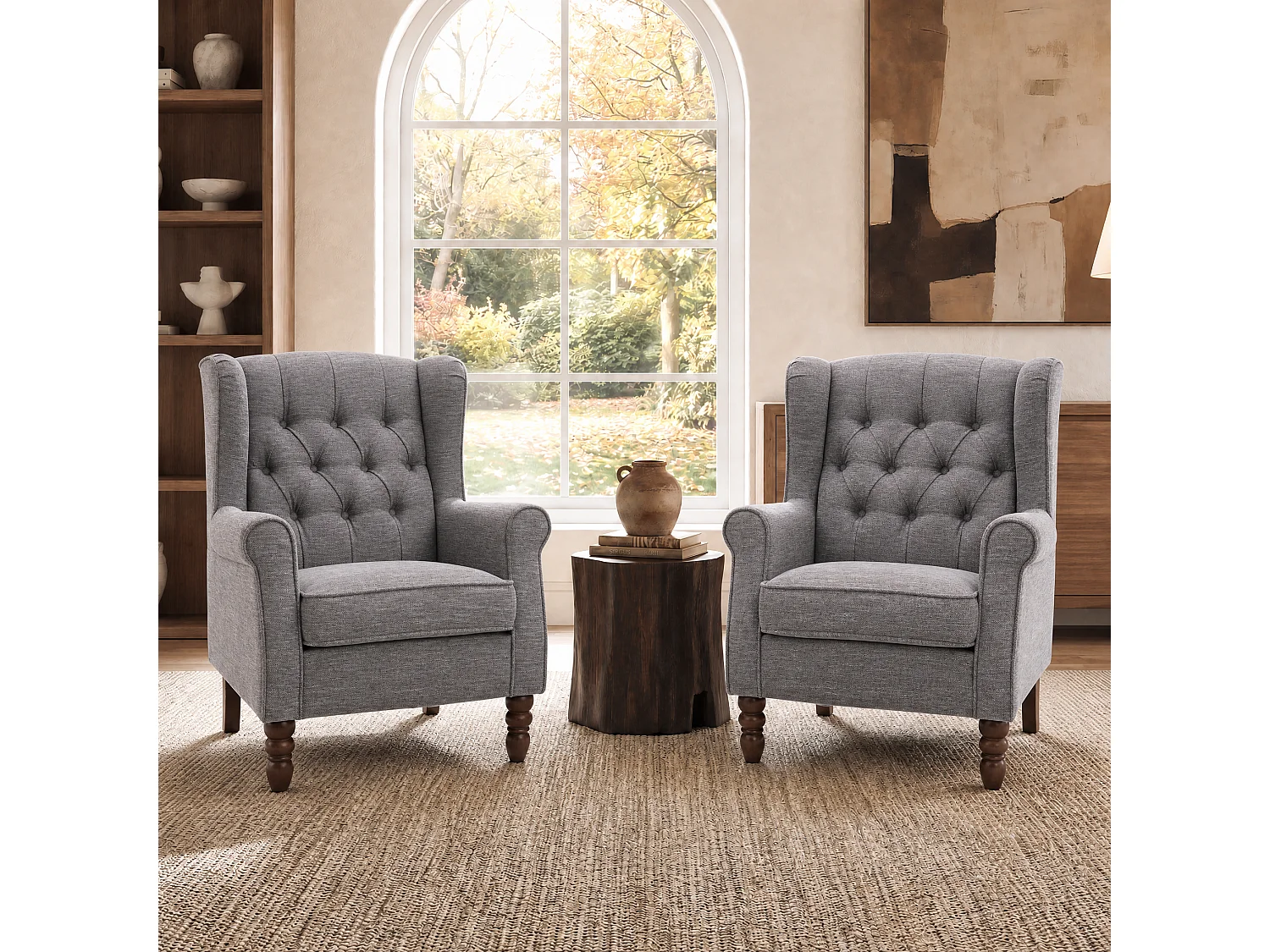 Grey Fabric Armchair with Armrests, British Vintage Style Accent Chair with Solid Wood Frame