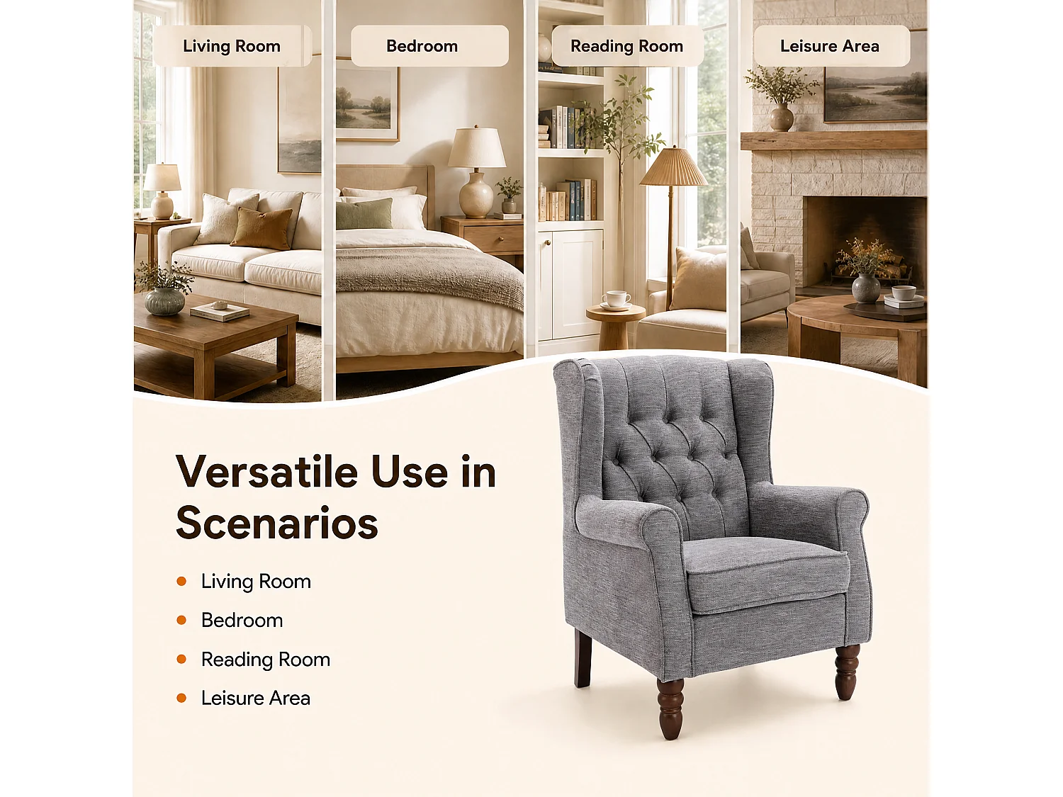 Grey Fabric Armchair with Armrests, British Vintage Style Accent Chair with Solid Wood Frame