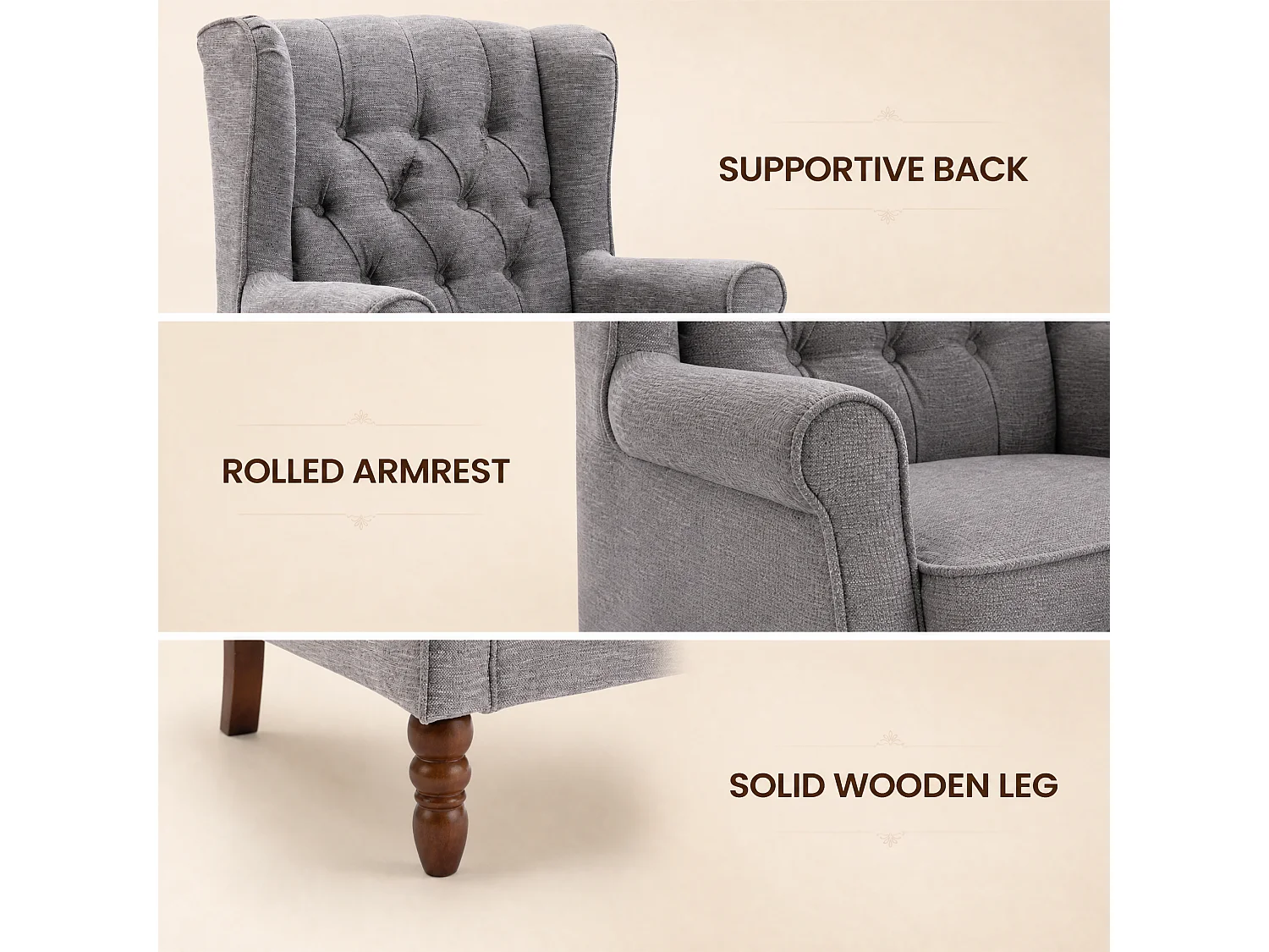 Grey Fabric Armchair with Armrests, British Vintage Style Accent Chair with Solid Wood Frame