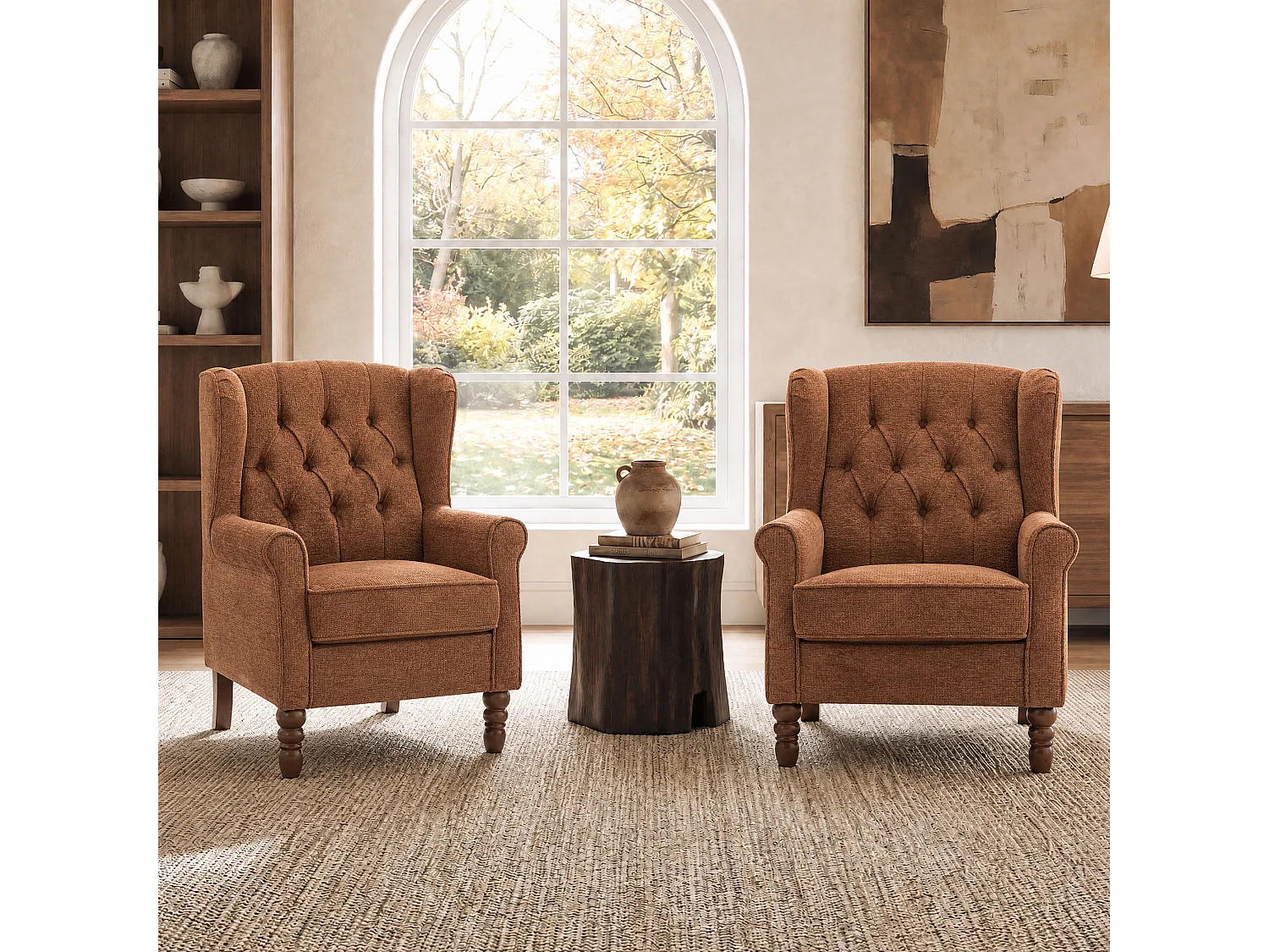Coral Fabric Armchair with Armrests, British Vintage Style Accent Chair with Solid Wood Frame