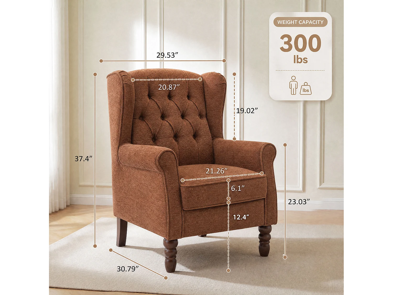 Coral Fabric Armchair with Armrests, British Vintage Style Accent Chair with Solid Wood Frame