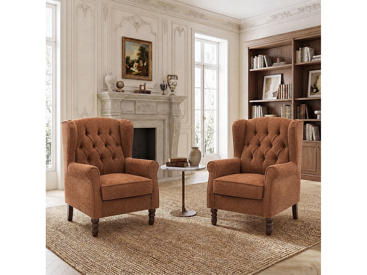 Coral Fabric Armchair with Armrests, British Vintage Style Accent Chair with Solid Wood Frame