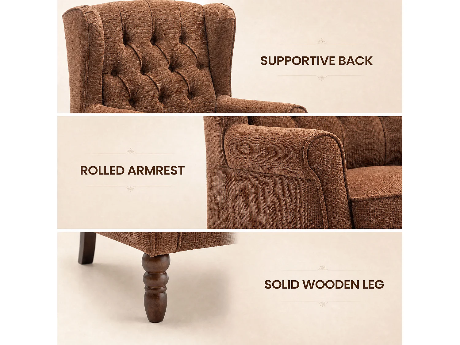 Coral Fabric Armchair with Armrests, British Vintage Style Accent Chair with Solid Wood Frame