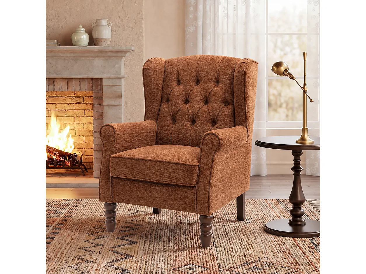 Coral Fabric Armchair with Armrests, British Vintage Style Accent Chair with Solid Wood Frame